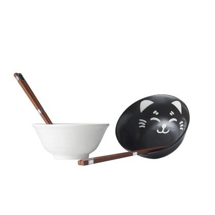 Jídelní miska CAT FACE DESIGN 400 ml, sada 2 ks, s hůlkami, MIJ